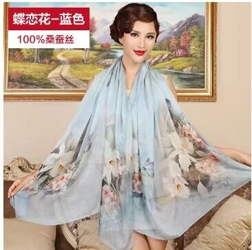 Blue Mulberry Silk Chiffon Scarf 180*110cm