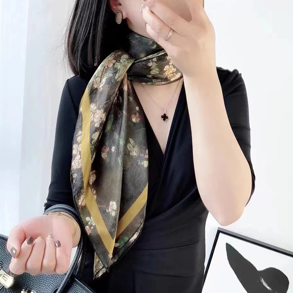 Black Green 100% Mulberry Silk Scarf 106*106cm