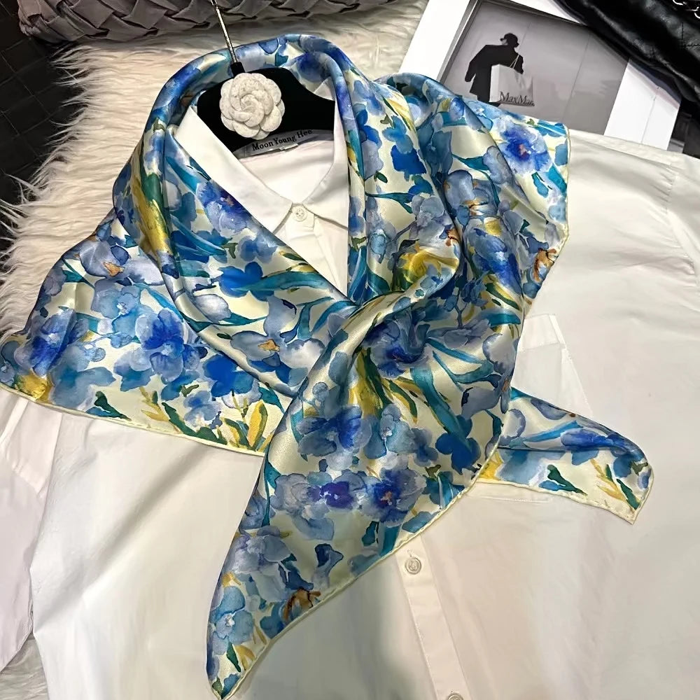 White Blue 100% Silk Scarf 86*86cm