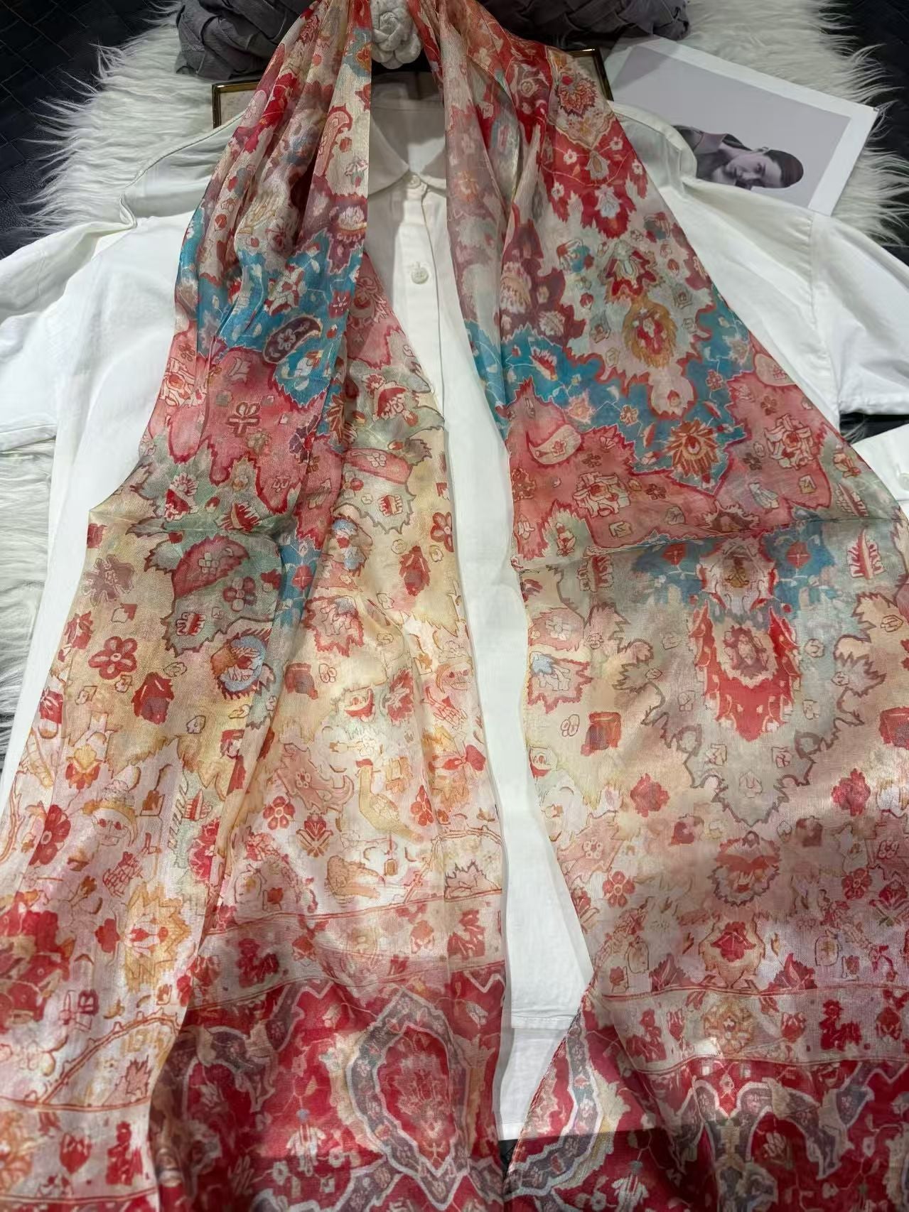 Beige red 100%Mulberry Silk Chiffon Long Scarf 180*110cm