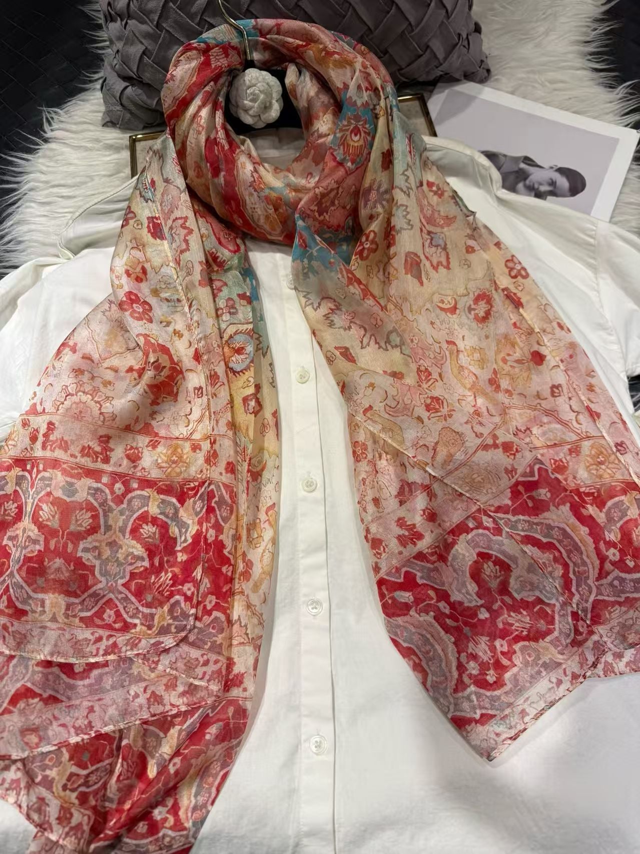 Beige red 100%Mulberry Silk Chiffon Long Scarf 180*110cm