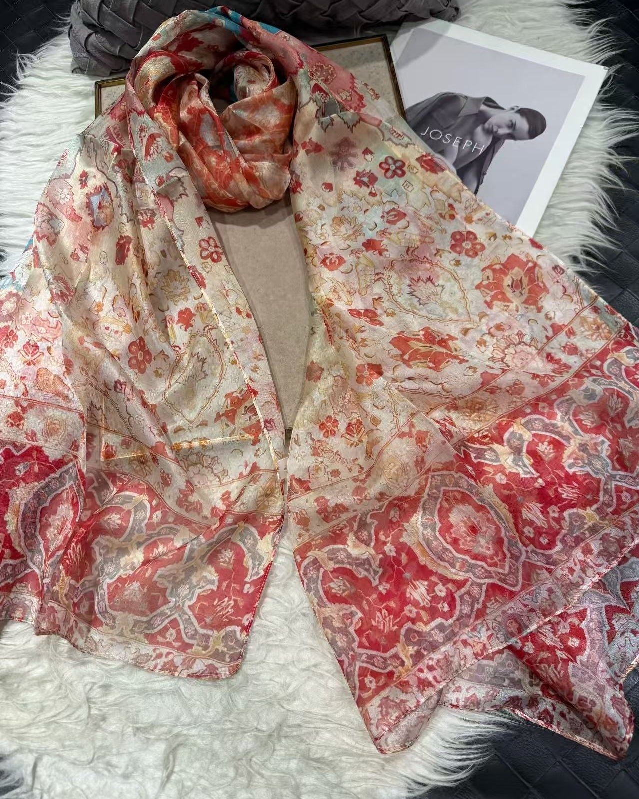 Beige red 100%Mulberry Silk Chiffon Long Scarf 180*110cm
