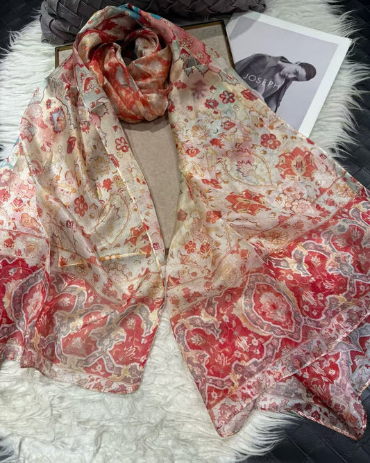 Beige red 100%Mulberry Silk Chiffon Long Scarf 180*110cm