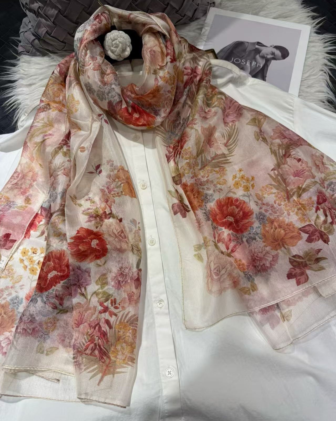 Beige red pink 100%Mulberry Silk Chiffon Long Scarf 180*110cm