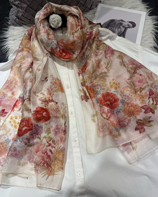 Beige red pink 100%Mulberry Silk Chiffon Long Scarf 180*110cm