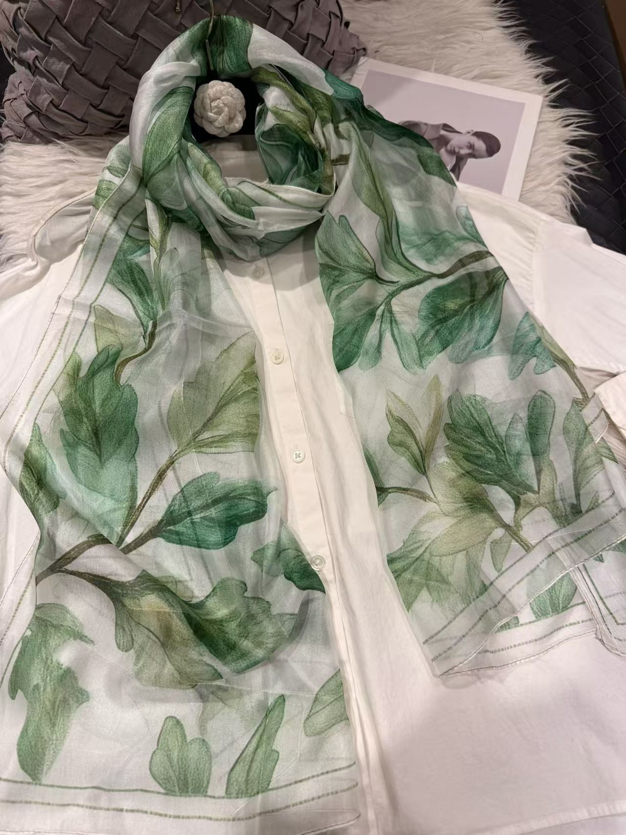 Light green 100%Mulberry Silk Chiffon Long Scarf 180*110cm