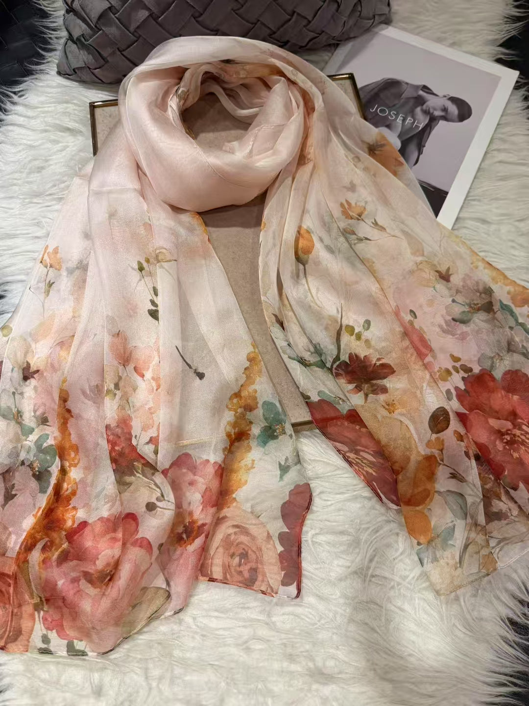 Beige pink 100%Mulberry Silk Chiffon Long Scarf 180*110cm