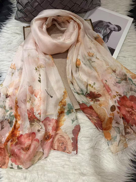 Beige pink 100%Mulberry Silk Chiffon Long Scarf 180*110cm