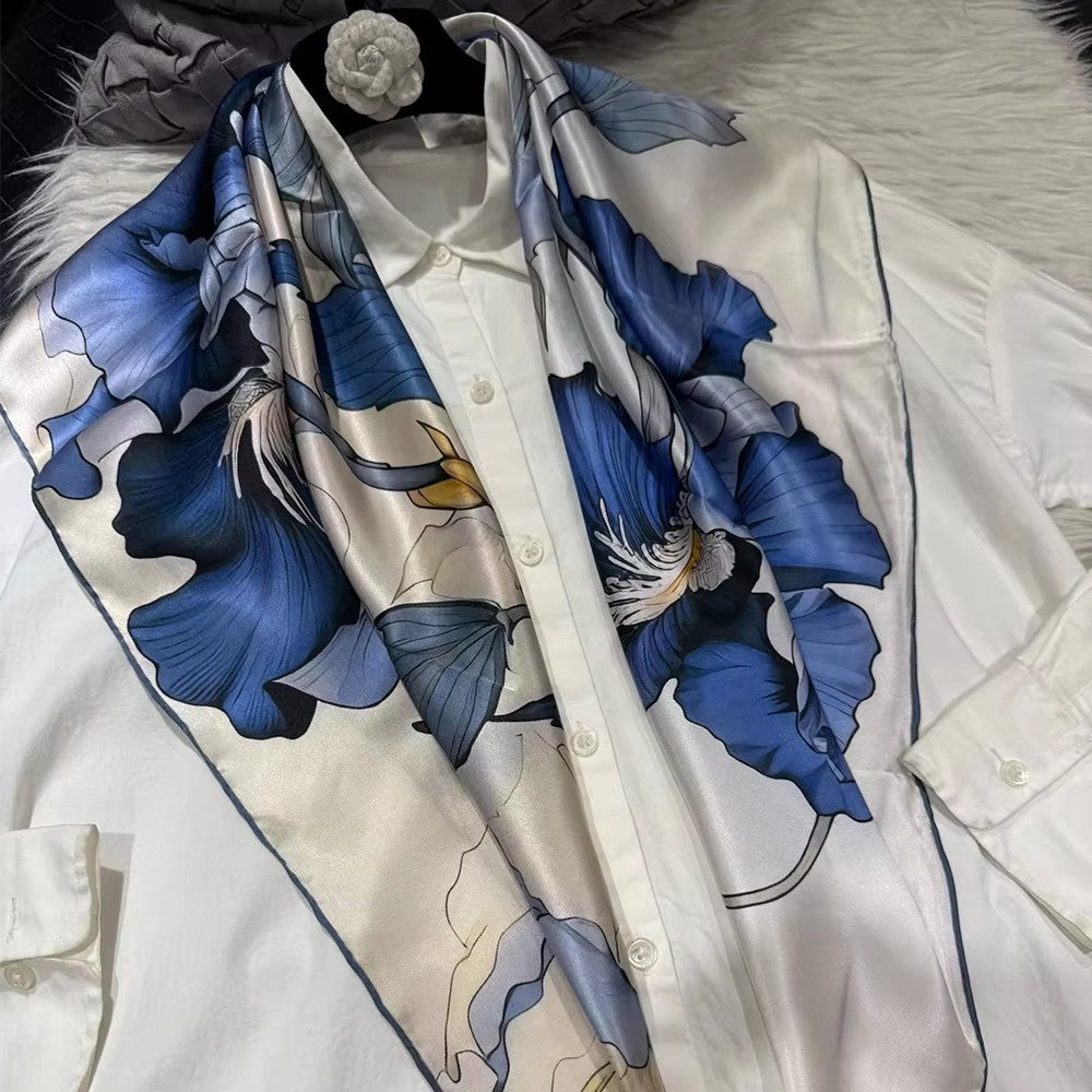 Blue white 100% Mulberry Silk Square Scarves 90*90cm