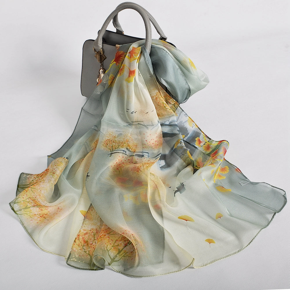 Blue Orange Mulberry silk chiffon scarf 180*65cm