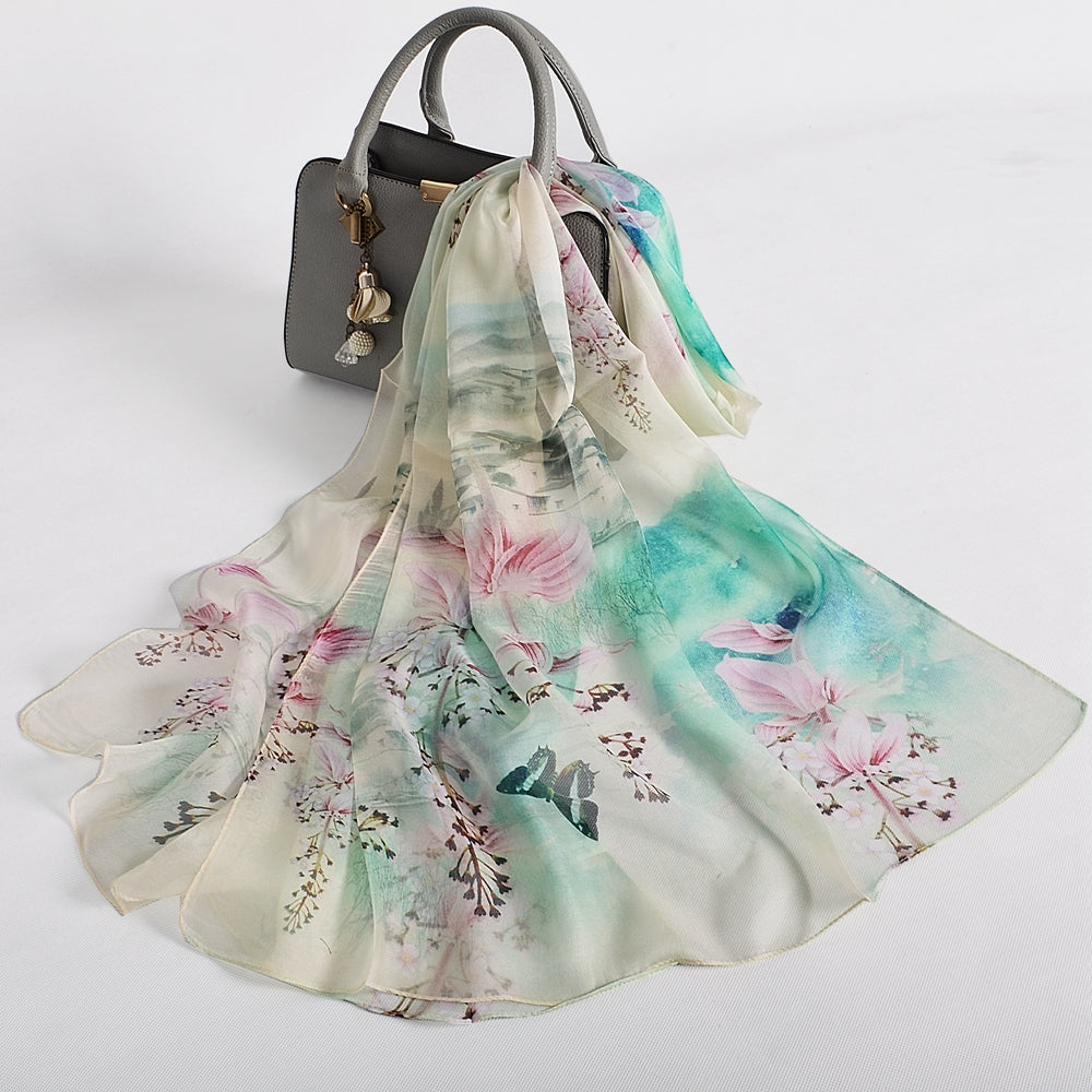 Blue Orange Mulberry silk chiffon scarf 180*65cm