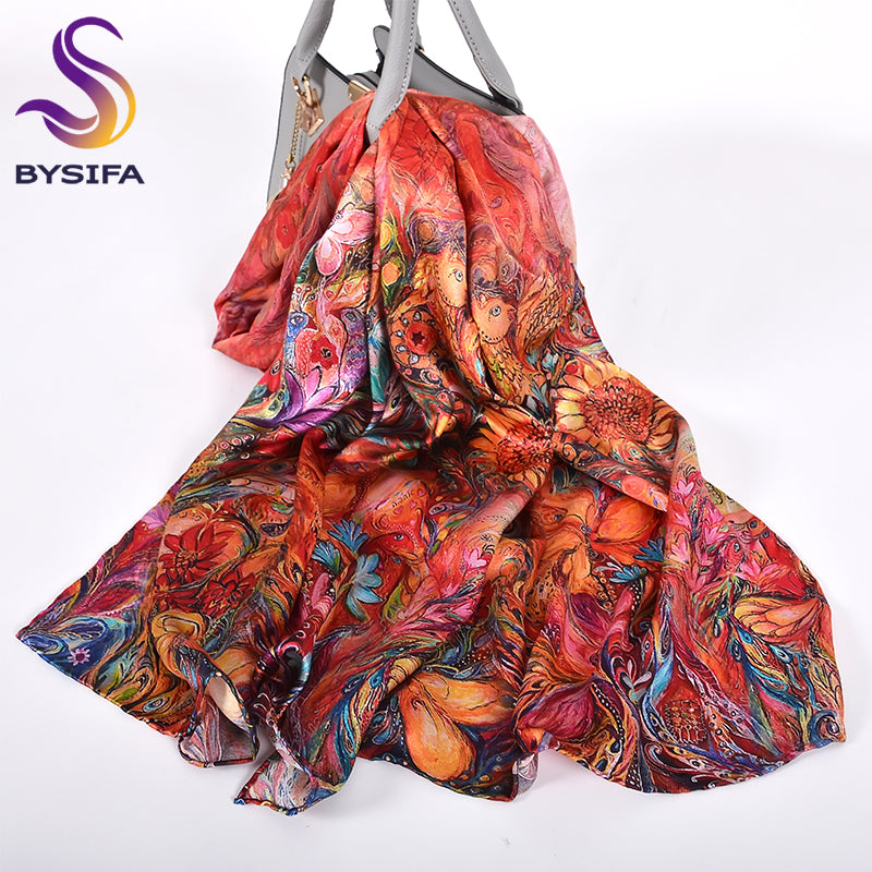 BYSIFA Red 100% Mulberry Silk Scarf 172*53cm