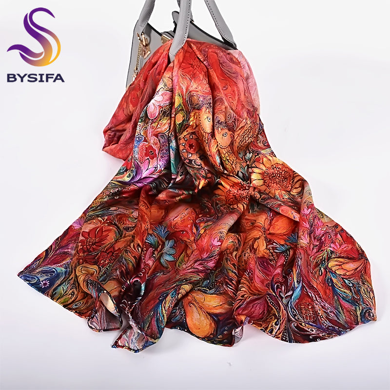 BYSIFA Red 100% Mulberry Silk Scarf 172*53cm