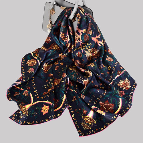 BYSIFA Navy Blue Gold 100% Mulberry Silk Scarf 106*106cm