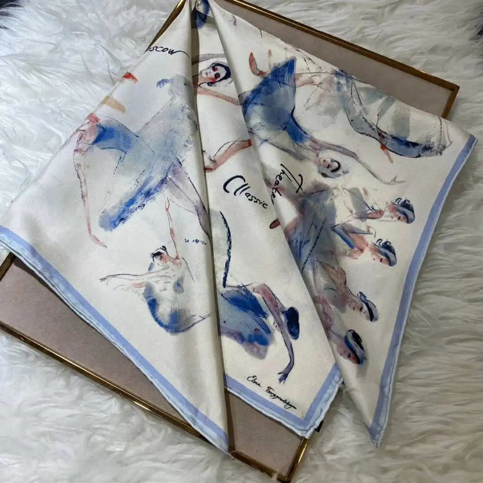 Elegant Blue White Silk Scarf 70*70cm