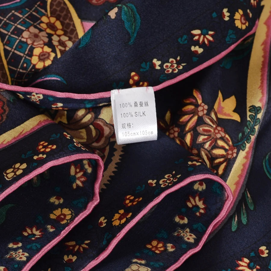 BYSIFA Navy Blue Gold 100% Mulberry Silk Scarf 106*106cm