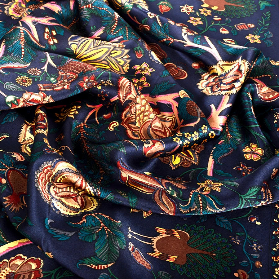 BYSIFA Navy Blue Gold 100% Mulberry Silk Scarf 106*106cm