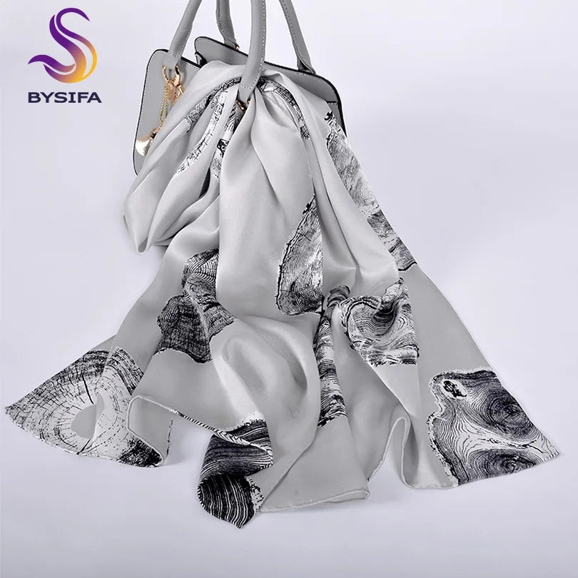 Black grey Women 100%Mulberry Silk Long Scarf 175*52cm