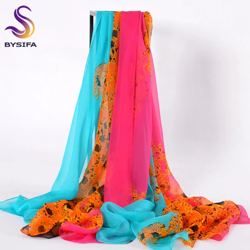 BYSIFA Woman 100% Mulberry Silk Chiffon Long Scarf 180*110cm