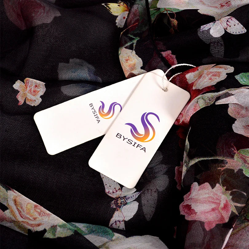 BYSIFA Black Roses Mulberry Silk Chiffon Scarf 180*110cm