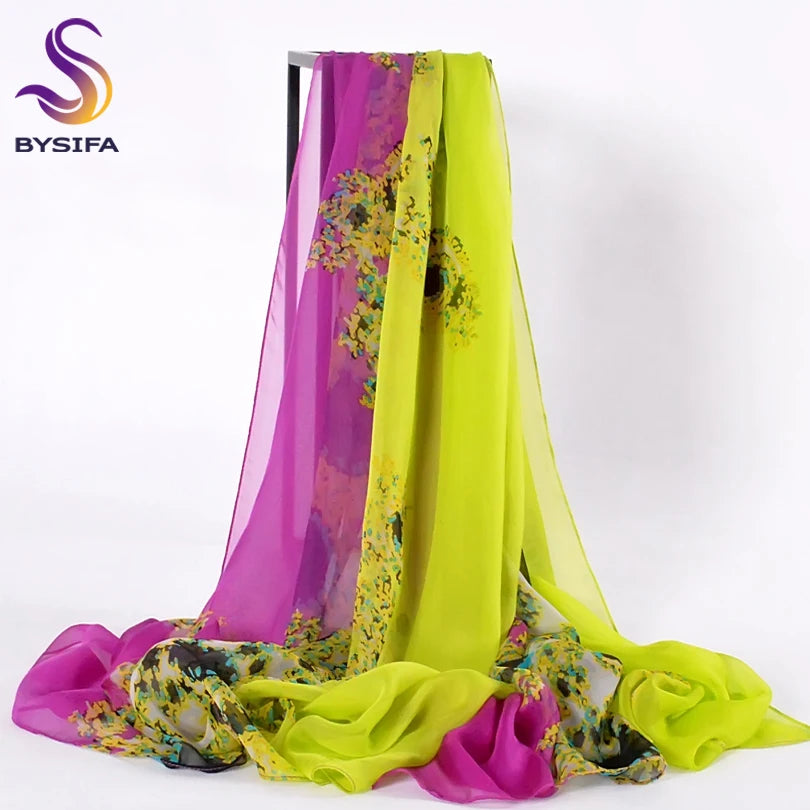 BYSIFA Woman 100% Mulberry Silk Chiffon Long Scarf 180*110cm