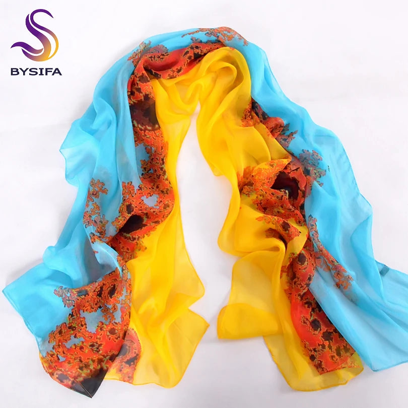 BYSIFA Woman 100% Mulberry Silk Chiffon Long Scarf 180*110cm