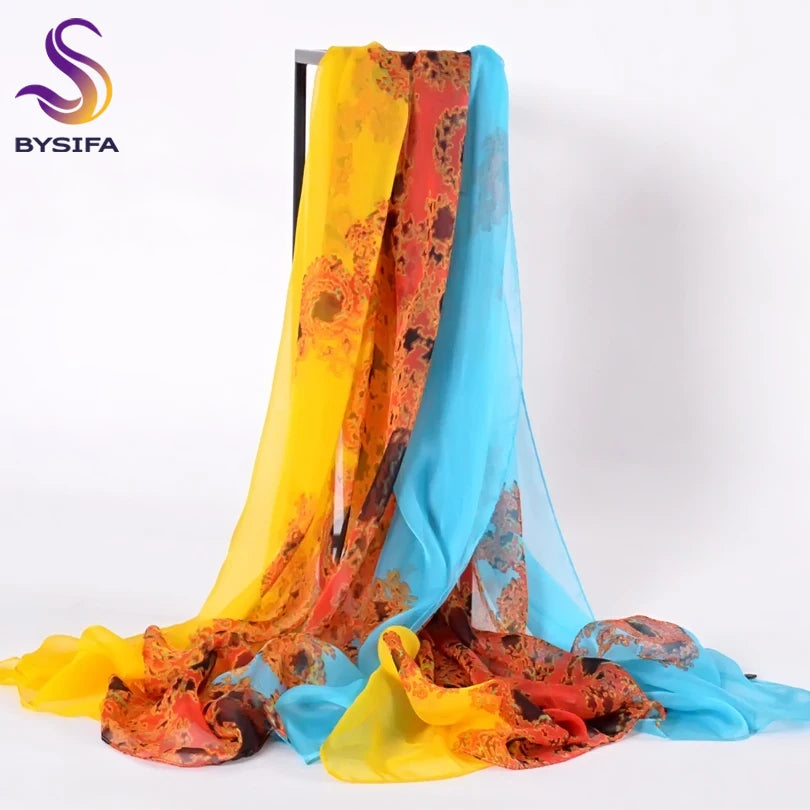 BYSIFA Woman 100% Mulberry Silk Chiffon Long Scarf 180*110cm