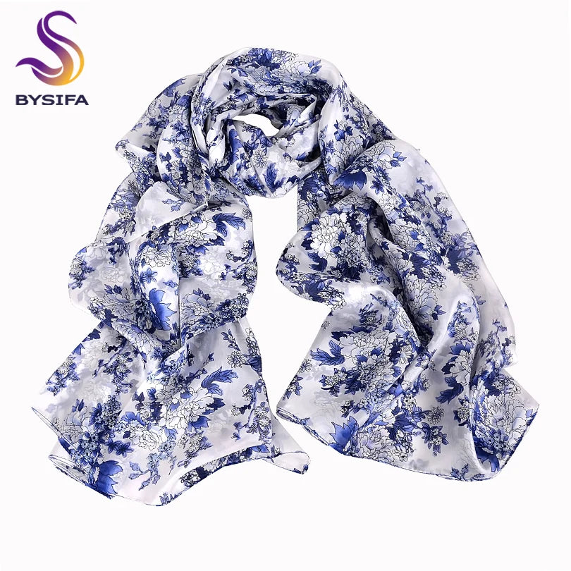 Bysifa Blue White Mulberry Silk Scarf 176*110cm