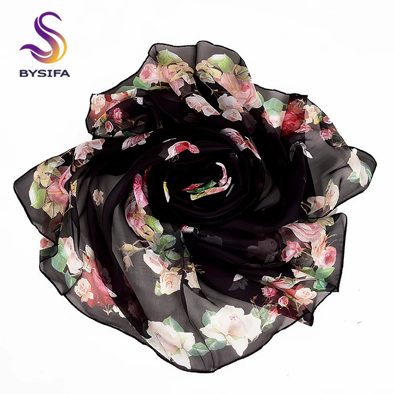 BYSIFA Black Roses Mulberry Silk Chiffon Scarf 180*110cm