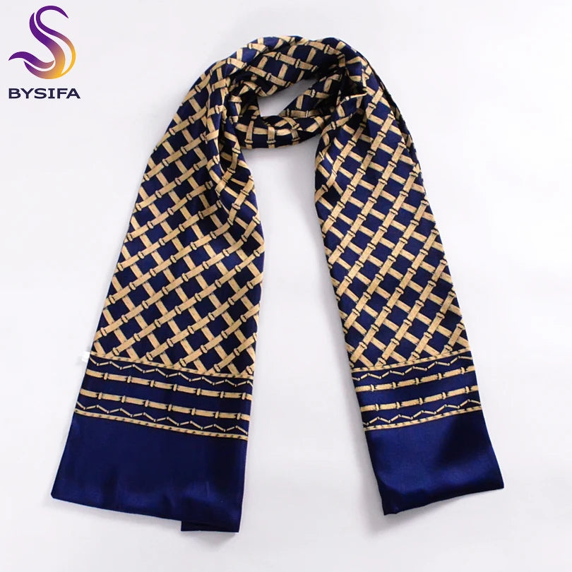 Navy Blue Gold Men Mulberry Silk Scarf 160*26cm