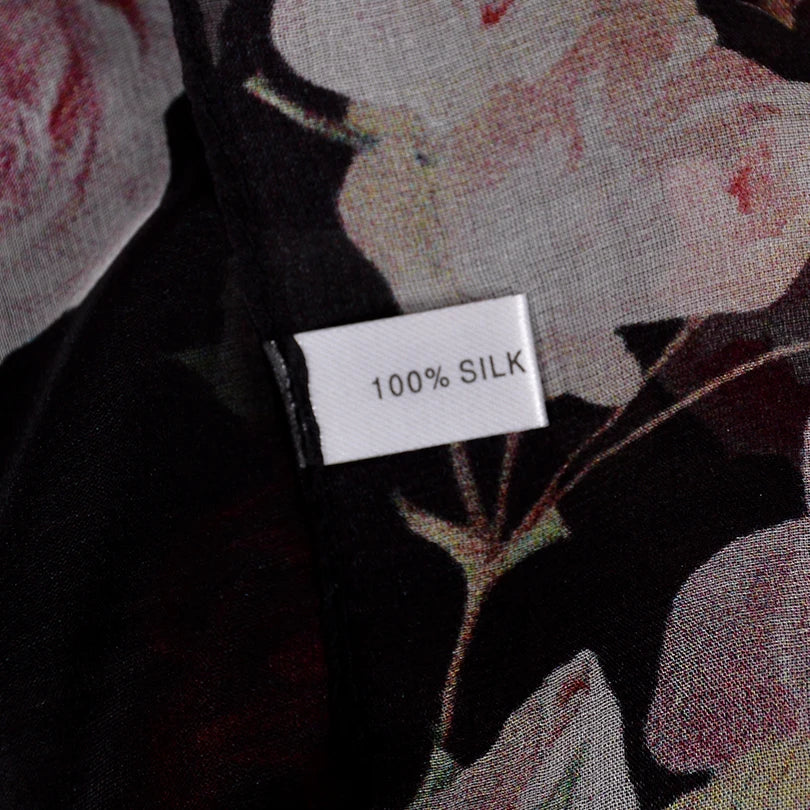 BYSIFA Black Roses Mulberry Silk Chiffon Scarf 180*110cm
