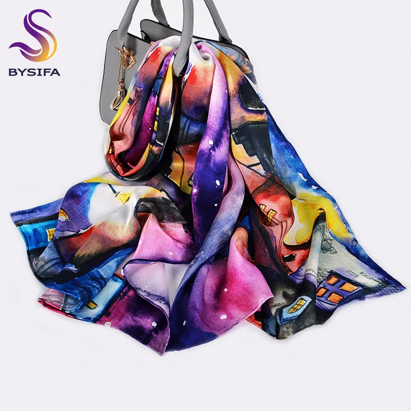 BYSIFA Purple Blue Mulberry silk Scarf 175*52cm