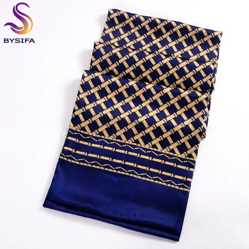 Navy Blue Gold Men Mulberry Silk Scarf 160*26cm