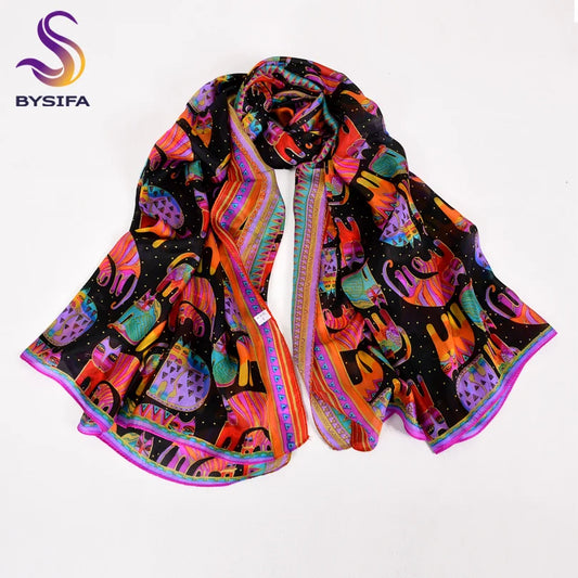 Bysifa Black Cats Women Mulberry Silk Scarf 176*110cm