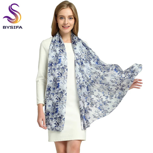 Bysifa Blue White Mulberry Silk Scarf 176*110cm