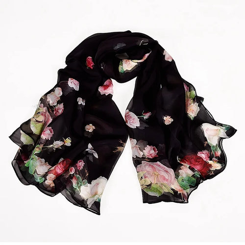 BYSIFA Black Roses Mulberry Silk Chiffon Scarf 180*110cm