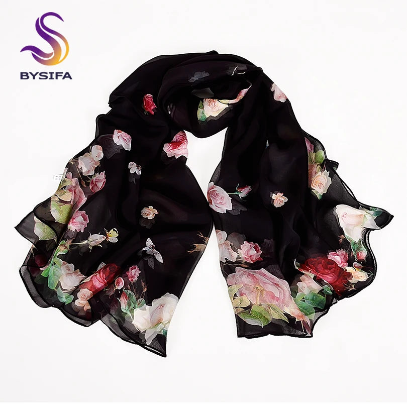 BYSIFA Black Roses Mulberry Silk Chiffon Scarf 180*110cm