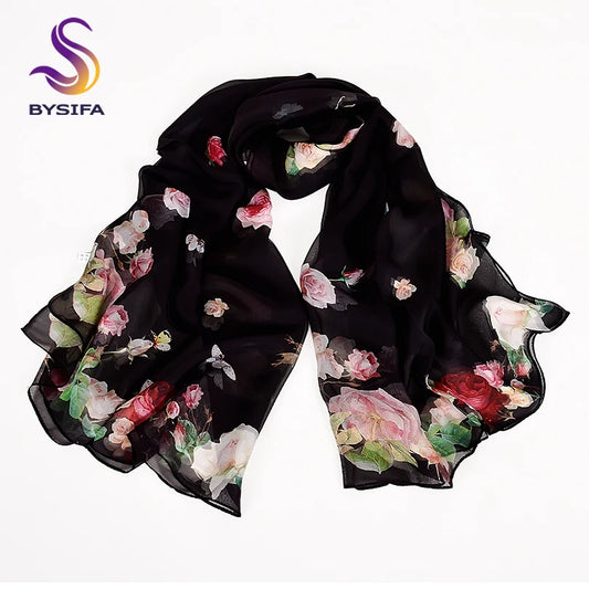 BYSIFA Black Roses Mulberry Silk Chiffon Scarf 180*110cm