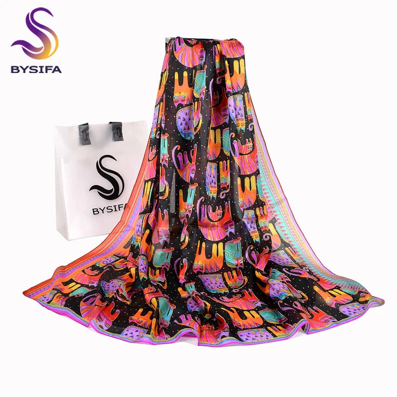 Bysifa Black Cats Women Mulberry Silk Scarf 176*110cm