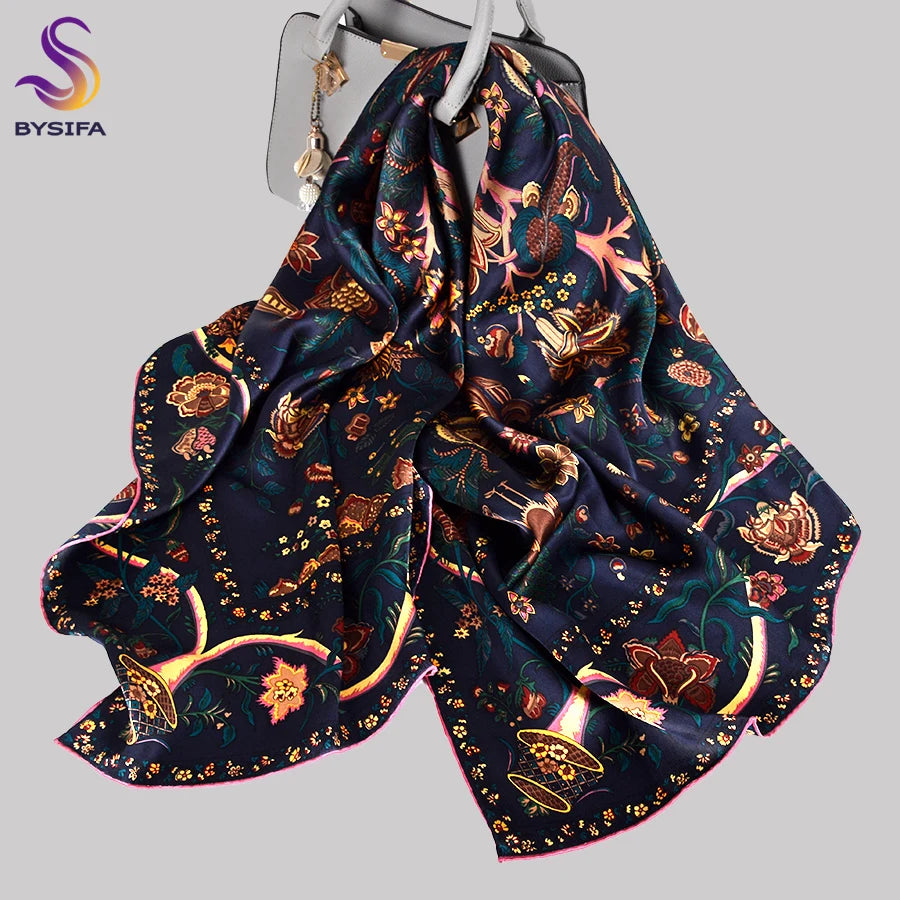 BYSIFA Navy Blue Gold 100% Mulberry Silk Scarf 106*106cm