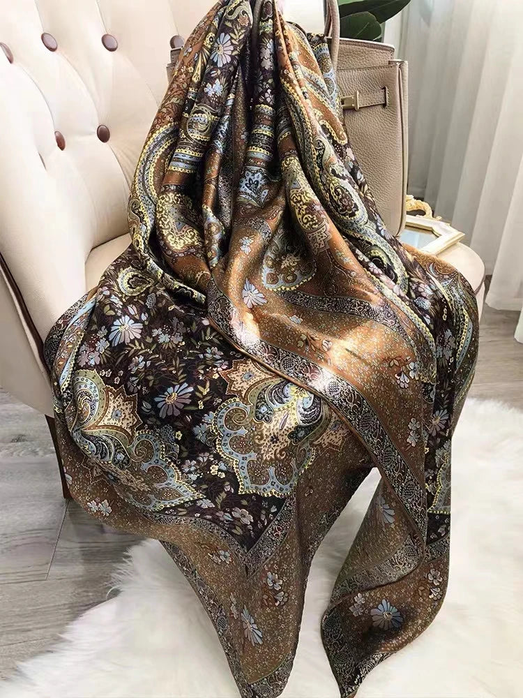 Bysifa Coffee Gold 100% Mulberry Silk Scarf 106*106cm