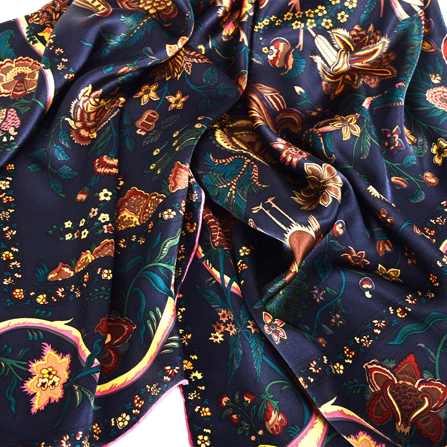 BYSIFA Navy Blue Gold 100% Mulberry Silk Scarf 106*106cm