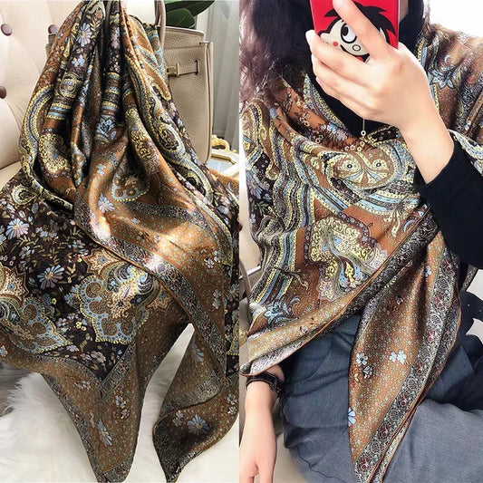 Bysifa Coffee Gold 100% Mulberry Silk Scarf 106*106cm