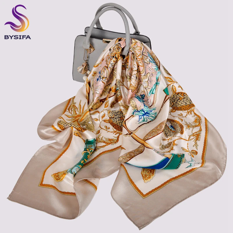 BYSIFA Khaki 100% Mulberry Silk Square Scarf 106*106cm