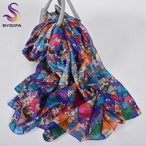 Orange Blue Women Pure Silk Scarf 176*110cm