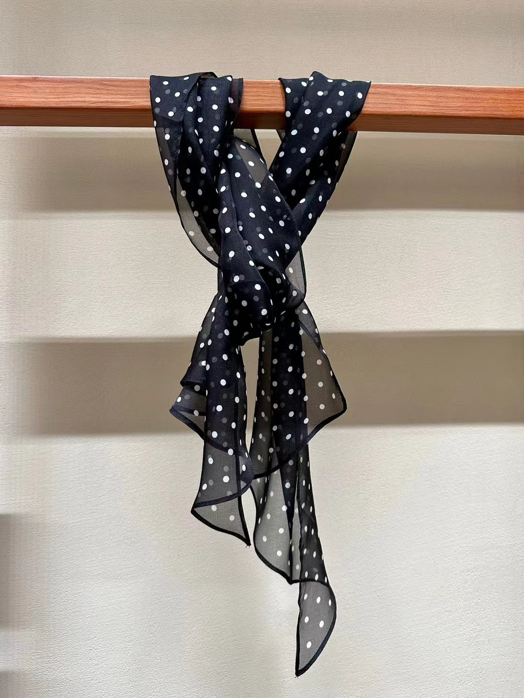 Black and white polka dot long mulberry silk scarf  185*35 cm