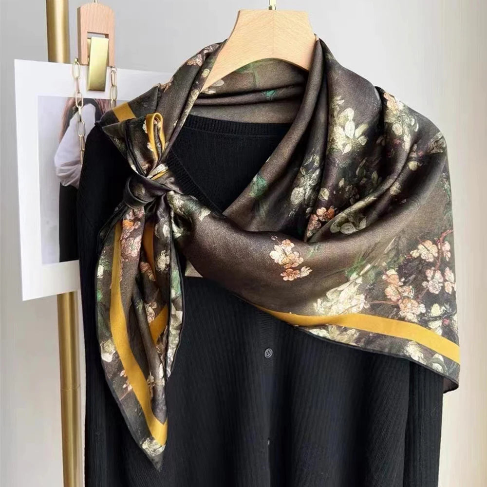 Black Green 100% Mulberry Silk Scarf 106*106cm