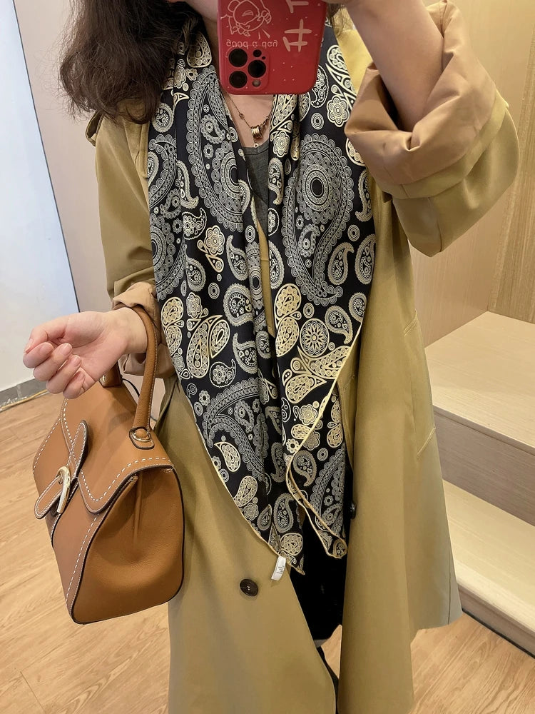 Navy Blue Coffee Gold 100% Mulberry Silk Square Scarf 106*106cm