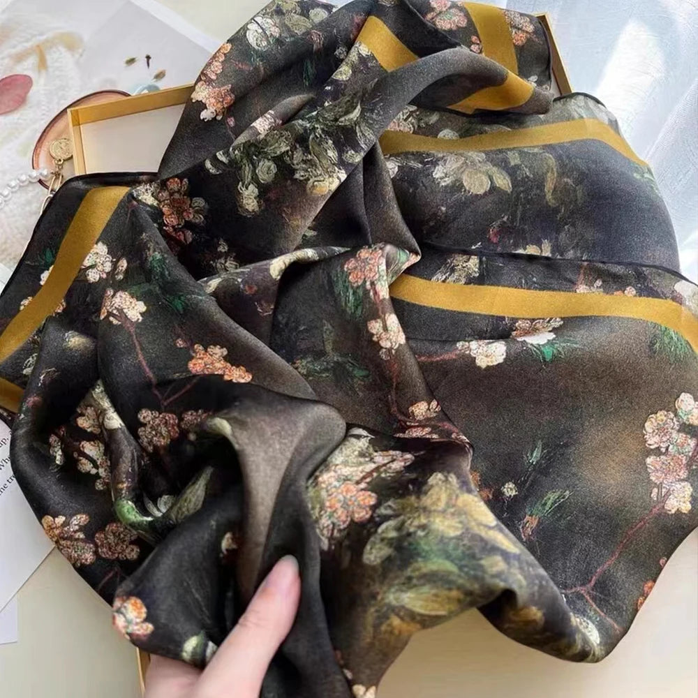 Black Green 100% Mulberry Silk Scarf 106*106cm