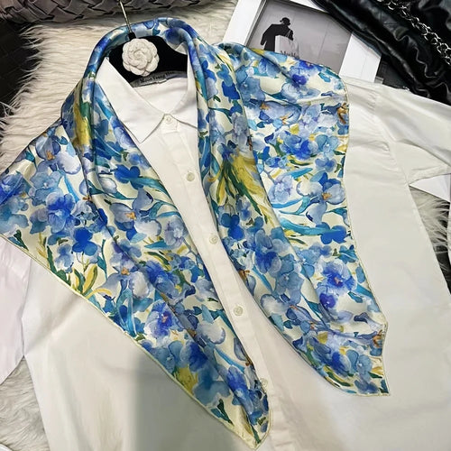 White Blue 100% Silk Scarf 86*86cm